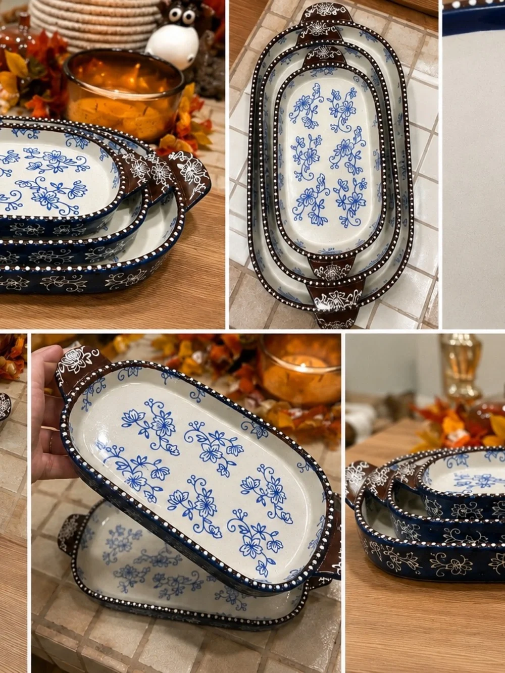 Temp-Tations Blue Floral Ceramic Nesting Serving Trays with Brown Handles